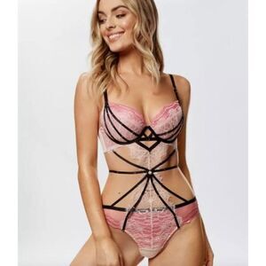 BNWT Ann Summers Y2k Vintage Pink and Black Lace Corset with Garters (8-10) D-DD